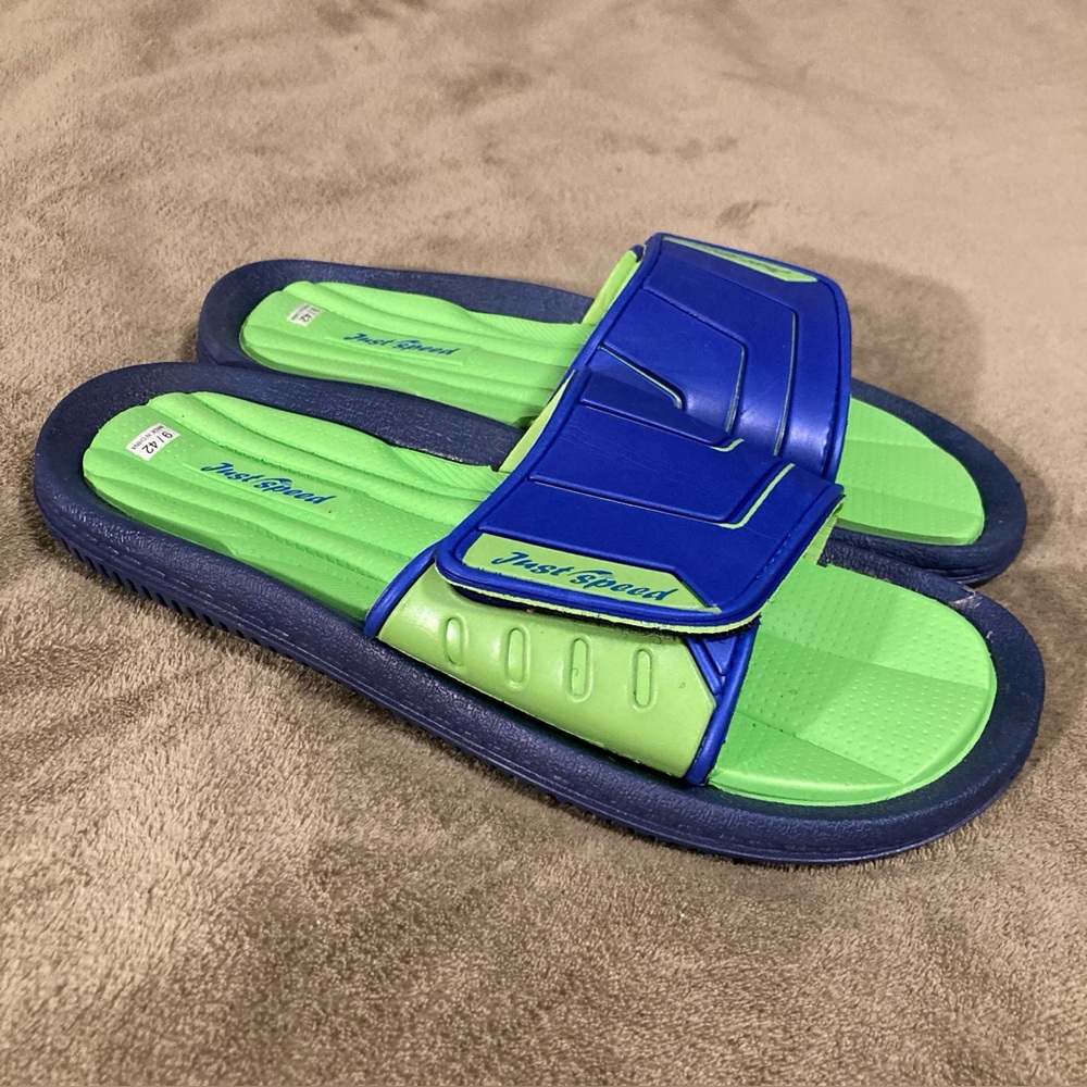 NWOT Just Speed Vintage 90s Flip Flop Slip On Sandals Blue Green Size 9M